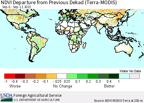 World NDVI Departure from Previous Dekad (Terra-MODIS) Thematic Map For 9/11/2023 - 9/20/2023