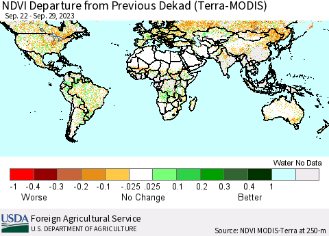 World NDVI Departure from Previous Dekad (Terra-MODIS) Thematic Map For 9/21/2023 - 9/30/2023