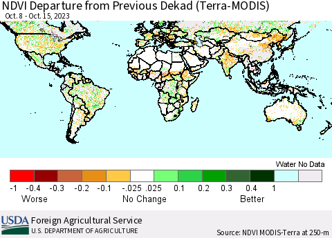 World NDVI Departure from Previous Dekad (Terra-MODIS) Thematic Map For 10/11/2023 - 10/20/2023