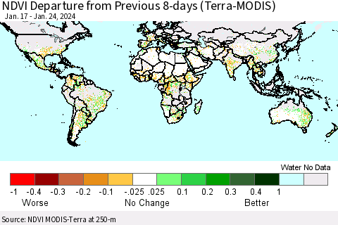 World NDVI Departure from Previous 8-days (Terra-MODIS) Thematic Map For 1/17/2024 - 1/24/2024