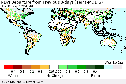 World NDVI Departure from Previous 8-days (Terra-MODIS) Thematic Map For 4/30/2024 - 5/7/2024