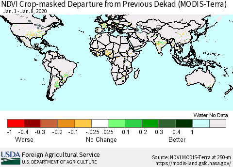World Cropland NDVI Departure from Previous Dekad (Terra-MODIS) Thematic Map For 1/1/2020 - 1/10/2020