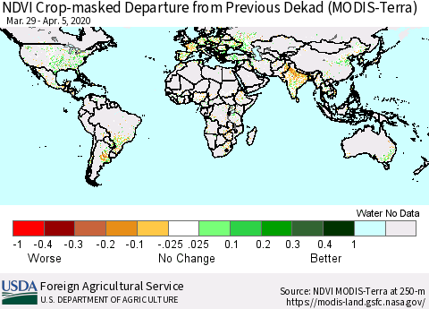 World Cropland NDVI Departure from Previous Dekad (Terra-MODIS) Thematic Map For 4/1/2020 - 4/10/2020
