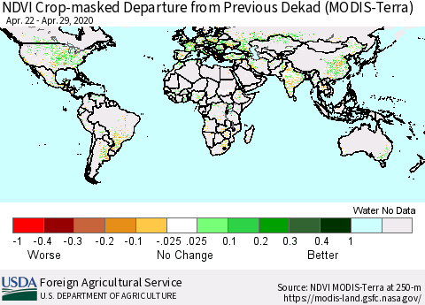 World Cropland NDVI Departure from Previous Dekad (Terra-MODIS) Thematic Map For 4/21/2020 - 4/30/2020