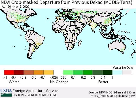 World Cropland NDVI Departure from Previous Dekad (Terra-MODIS) Thematic Map For 5/1/2020 - 5/10/2020
