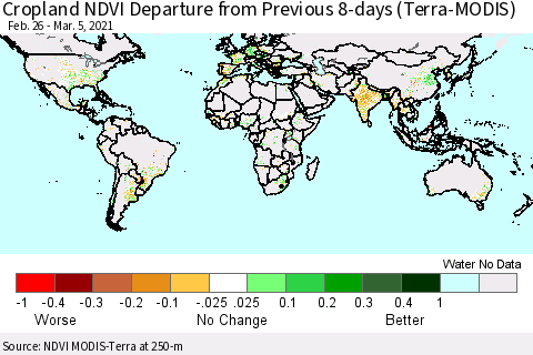 World Cropland NDVI Departure from Previous 8-days (Terra-MODIS) Thematic Map For 2/26/2021 - 3/5/2021