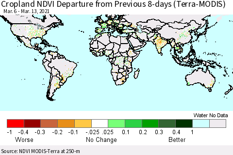 World Cropland NDVI Departure from Previous 8-days (Terra-MODIS) Thematic Map For 3/6/2021 - 3/13/2021