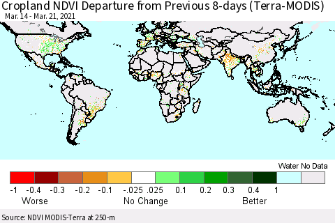 World Cropland NDVI Departure from Previous 8-days (Terra-MODIS) Thematic Map For 3/14/2021 - 3/21/2021