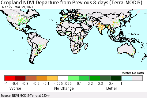 World Cropland NDVI Departure from Previous 8-days (Terra-MODIS) Thematic Map For 3/22/2021 - 3/29/2021