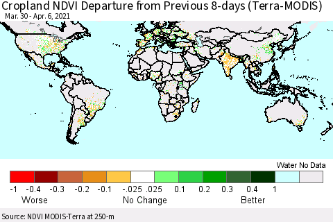 World Cropland NDVI Departure from Previous 8-days (Terra-MODIS) Thematic Map For 3/30/2021 - 4/6/2021
