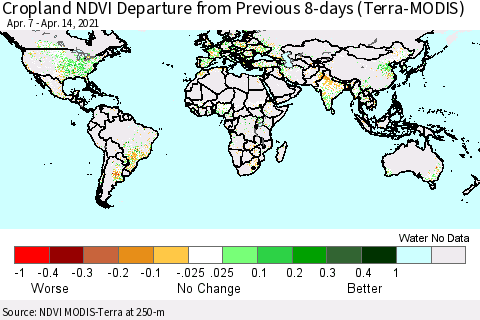 World Cropland NDVI Departure from Previous 8-days (Terra-MODIS) Thematic Map For 4/7/2021 - 4/14/2021
