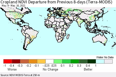 World Cropland NDVI Departure from Previous 8-days (Terra-MODIS) Thematic Map For 5/9/2021 - 5/16/2021