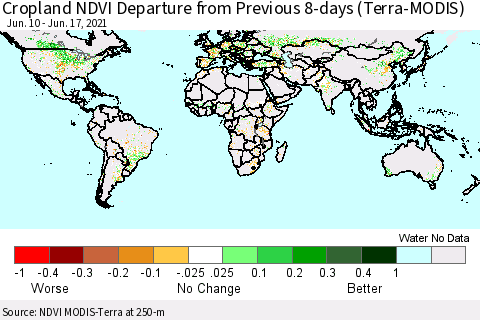 World Cropland NDVI Departure from Previous 8-days (Terra-MODIS) Thematic Map For 6/10/2021 - 6/17/2021