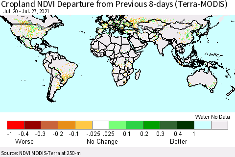 World Cropland NDVI Departure from Previous 8-days (Terra-MODIS) Thematic Map For 7/20/2021 - 7/27/2021