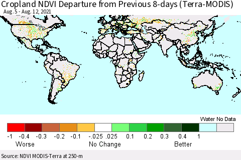 World Cropland NDVI Departure from Previous 8-days (Terra-MODIS) Thematic Map For 8/5/2021 - 8/12/2021