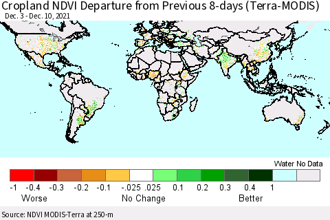 World Cropland NDVI Departure from Previous 8-days (Terra-MODIS) Thematic Map For 12/3/2021 - 12/10/2021