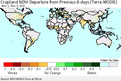 World Cropland NDVI Departure from Previous 8-days (Terra-MODIS) Thematic Map For 11/1/2022 - 11/8/2022