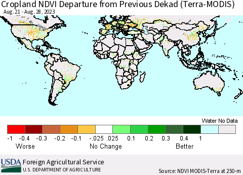World Cropland NDVI Departure from Previous Dekad (Terra-MODIS) Thematic Map For 8/21/2023 - 8/31/2023