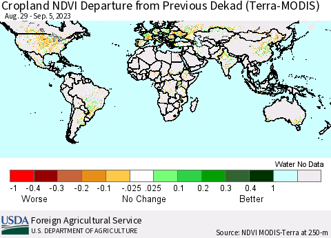 World Cropland NDVI Departure from Previous Dekad (Terra-MODIS) Thematic Map For 9/1/2023 - 9/10/2023