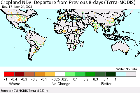 World Cropland NDVI Departure from Previous 8-days (Terra-MODIS) Thematic Map For 11/17/2023 - 11/24/2023
