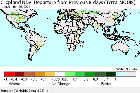 World Cropland NDVI Departure from Previous 8-days (Terra-MODIS) Thematic Map For 6/9/2024 - 6/16/2024