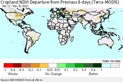World Cropland NDVI Departure from Previous 8-days (Terra-MODIS) Thematic Map For 9/13/2024 - 9/20/2024