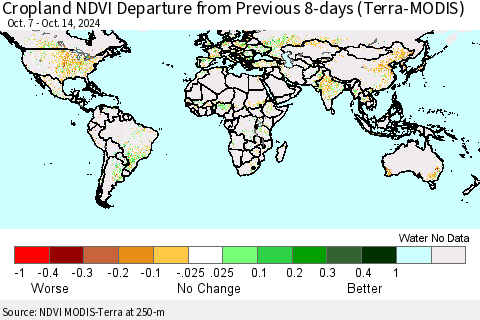 World Cropland NDVI Departure from Previous 8-days (Terra-MODIS) Thematic Map For 10/7/2024 - 10/14/2024