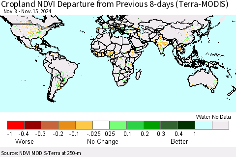 World Cropland NDVI Departure from Previous 8-days (Terra-MODIS) Thematic Map For 11/8/2024 - 11/15/2024