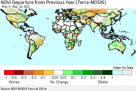 World NDVI Departure from Previous Year (Terra-MODIS) Thematic Map For 5/9/2021 - 5/16/2021