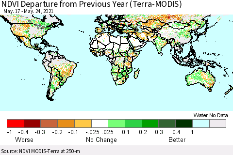World NDVI Departure from Previous Year (Terra-MODIS) Thematic Map For 5/17/2021 - 5/24/2021
