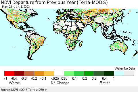 World NDVI Departure from Previous Year (Terra-MODIS) Thematic Map For 5/25/2021 - 6/1/2021