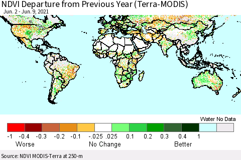 World NDVI Departure from Previous Year (Terra-MODIS) Thematic Map For 6/2/2021 - 6/9/2021