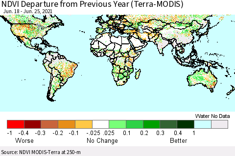 World NDVI Departure from Previous Year (Terra-MODIS) Thematic Map For 6/18/2021 - 6/25/2021