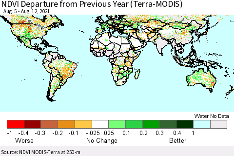 World NDVI Departure from Previous Year (Terra-MODIS) Thematic Map For 8/5/2021 - 8/12/2021