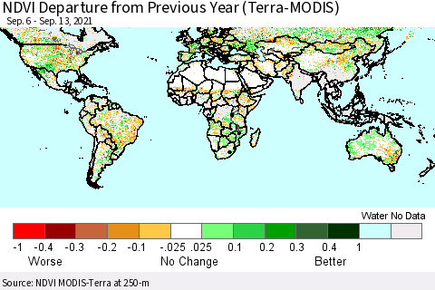 World NDVI Departure from Previous Year (Terra-MODIS) Thematic Map For 9/6/2021 - 9/13/2021