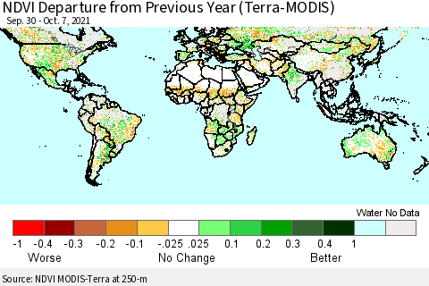 World NDVI Departure from Previous Year (Terra-MODIS) Thematic Map For 9/30/2021 - 10/7/2021