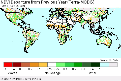 World NDVI Departure from Previous Year (Terra-MODIS) Thematic Map For 10/8/2021 - 10/15/2021