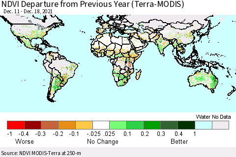 World NDVI Departure from Previous Year (Terra-MODIS) Thematic Map For 12/11/2021 - 12/18/2021