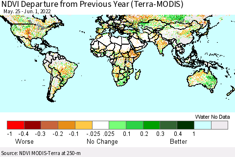 World NDVI Departure from Previous Year (Terra-MODIS) Thematic Map For 5/25/2022 - 6/1/2022
