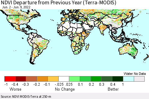 World NDVI Departure from Previous Year (Terra-MODIS) Thematic Map For 6/2/2022 - 6/9/2022
