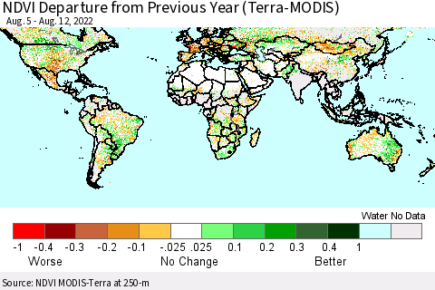 World NDVI Departure from Previous Year (Terra-MODIS) Thematic Map For 8/5/2022 - 8/12/2022
