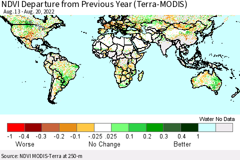 World NDVI Departure from Previous Year (Terra-MODIS) Thematic Map For 8/13/2022 - 8/20/2022