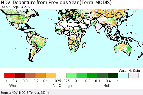 World NDVI Departure from Previous Year (Terra-MODIS) Thematic Map For 9/6/2022 - 9/13/2022