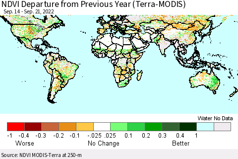 World NDVI Departure from Previous Year (Terra-MODIS) Thematic Map For 9/14/2022 - 9/21/2022