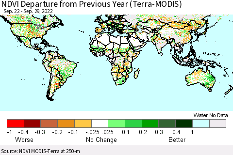 World NDVI Departure from Previous Year (Terra-MODIS) Thematic Map For 9/22/2022 - 9/29/2022