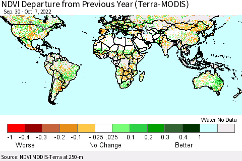 World NDVI Departure from Previous Year (Terra-MODIS) Thematic Map For 9/30/2022 - 10/7/2022
