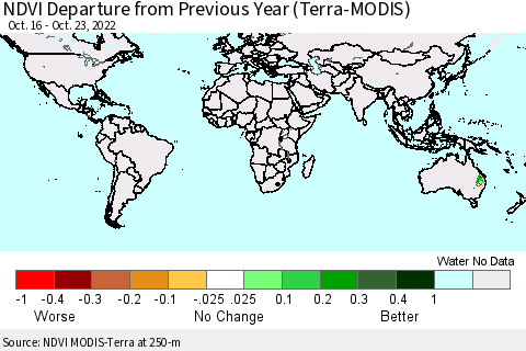 World NDVI Departure from Previous Year (Terra-MODIS) Thematic Map For 10/16/2022 - 10/23/2022
