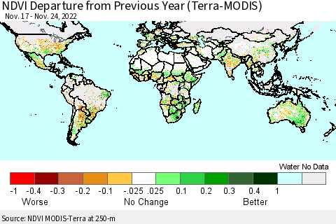 World NDVI Departure from Previous Year (Terra-MODIS) Thematic Map For 11/17/2022 - 11/24/2022