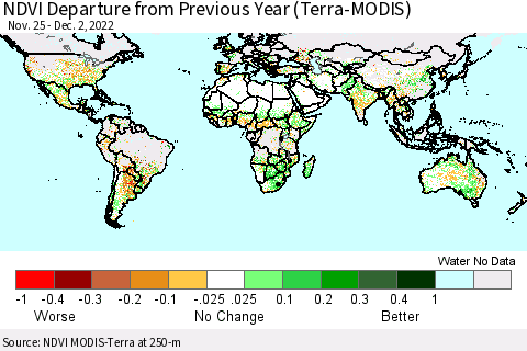 World NDVI Departure from Previous Year (Terra-MODIS) Thematic Map For 11/25/2022 - 12/2/2022