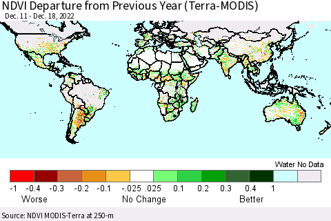 World NDVI Departure from Previous Year (Terra-MODIS) Thematic Map For 12/11/2022 - 12/18/2022